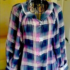 BCBG MAX AZRIA Plaid Sheer Button-up Long-Sleeve Silk Peasant Top Blouse Size S